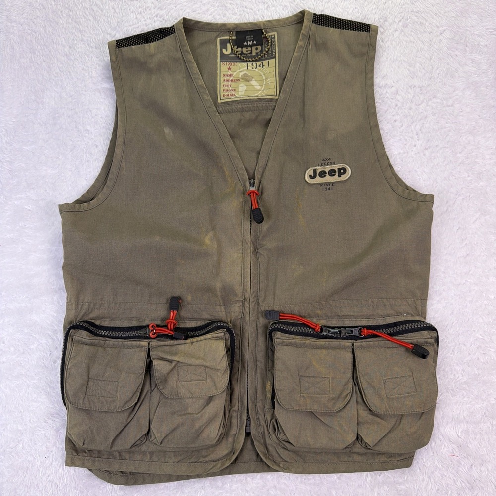 Vintage JEEP Vest Mens M Tan/Green Zip Up Cargo Pockets Fishing Utility Hunting